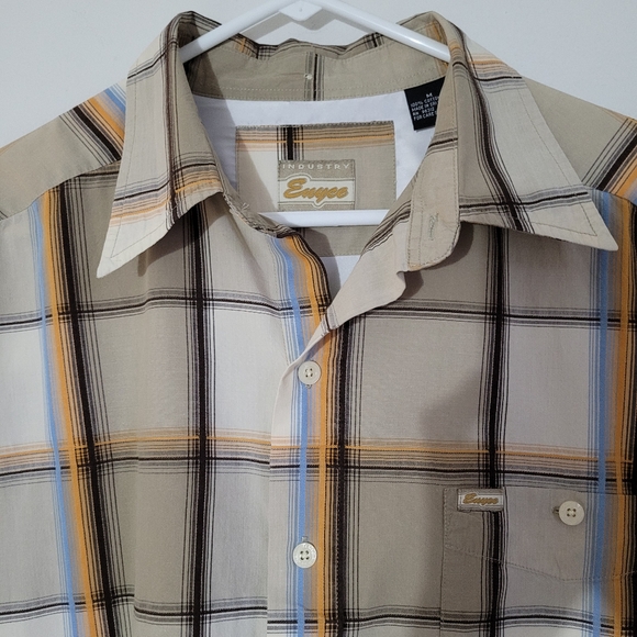 Men's Enyce Size Medium Short Sleeve Button-down Plaid Shirt Tan w/Gold & Blue - Picture 2 of 13
